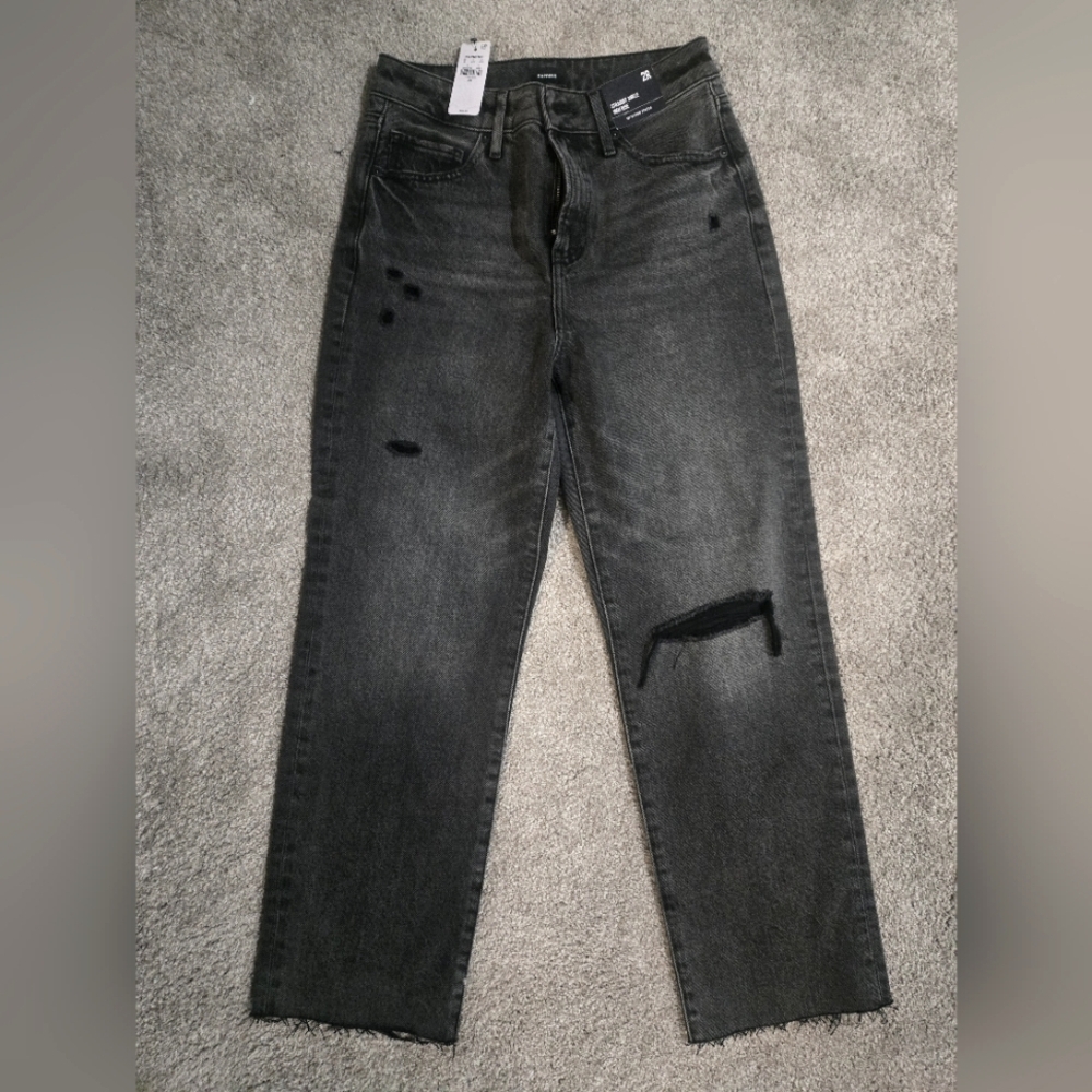 Express Women's Black Distressed Straight Ankle High Rise Jeans